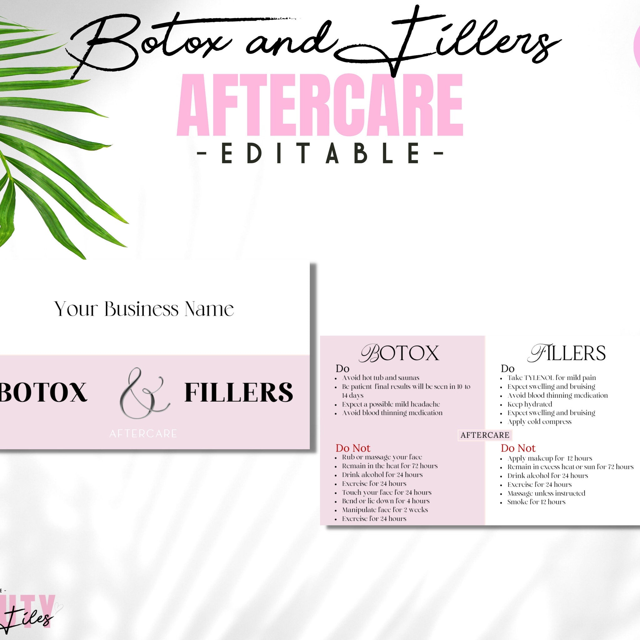Botox Fillers aftercare card with dusky pink background and black text, editable template by TheBeautyFiles