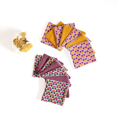 Makeup pads fuchsia pink and curry yellow fabric with floral pattern, reusable