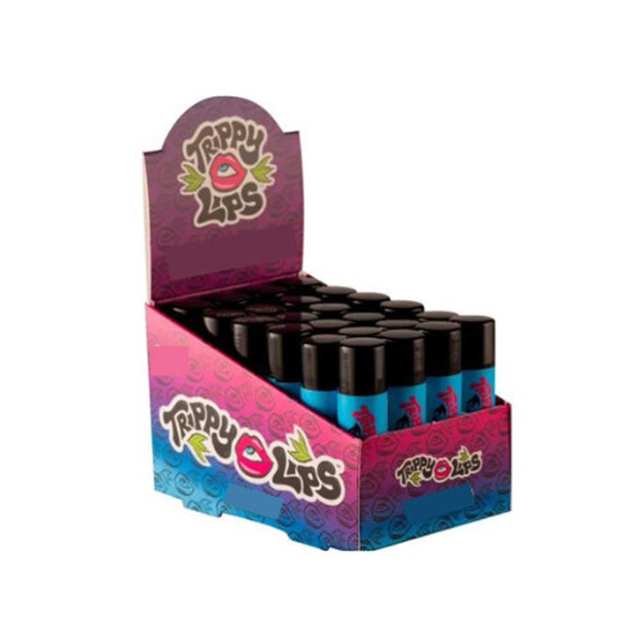 Lip balm display box with "Trippy Lips" branding, blue and black tubes, and pink floral pattern