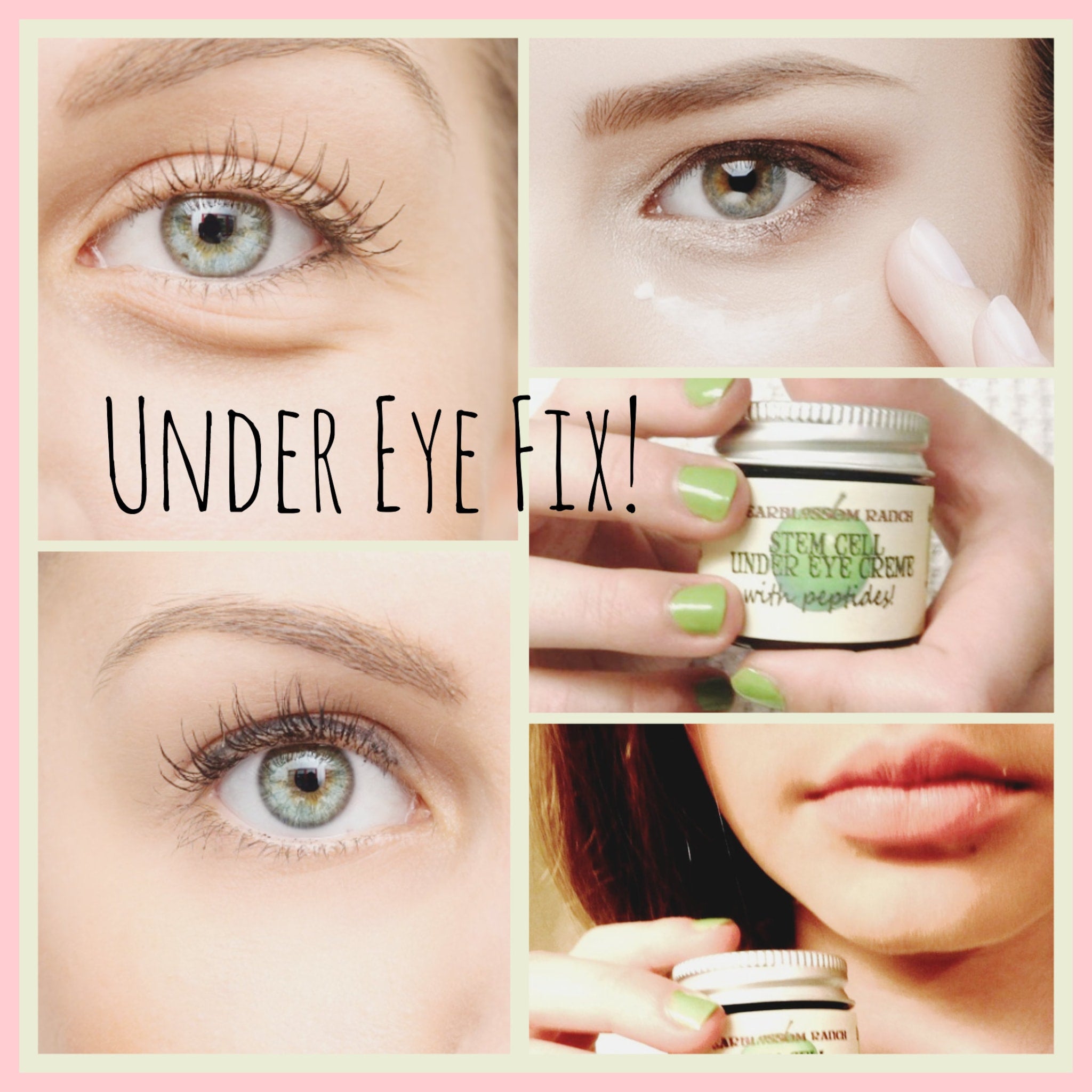 Under eye cream product with green nails and jar, text "STEM CELL UNDER EYE CREME" visible, used on face