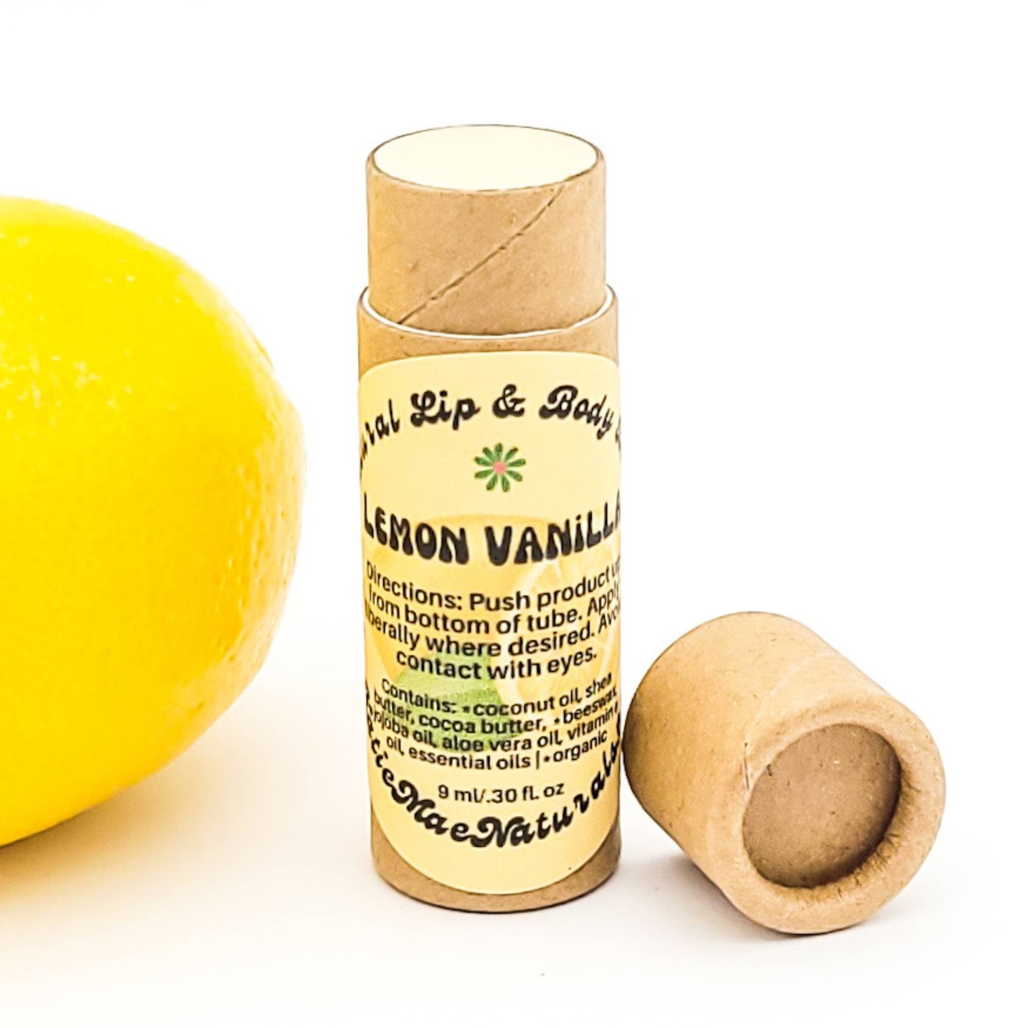 Lip balm tube with brown paper, yellow label, and "Mae Naturals" text visible