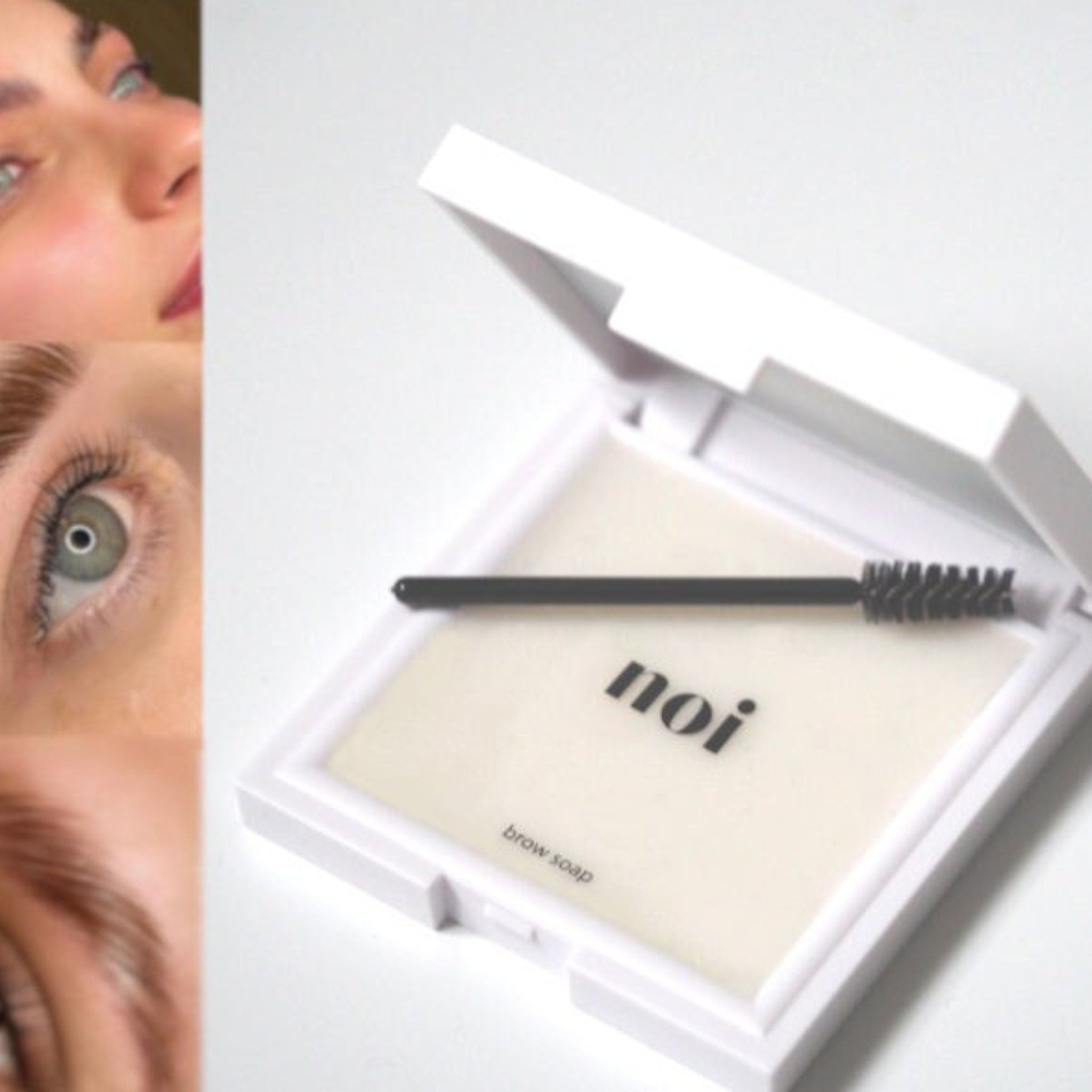 Brow soap in white case with black applicator and Noi brand text