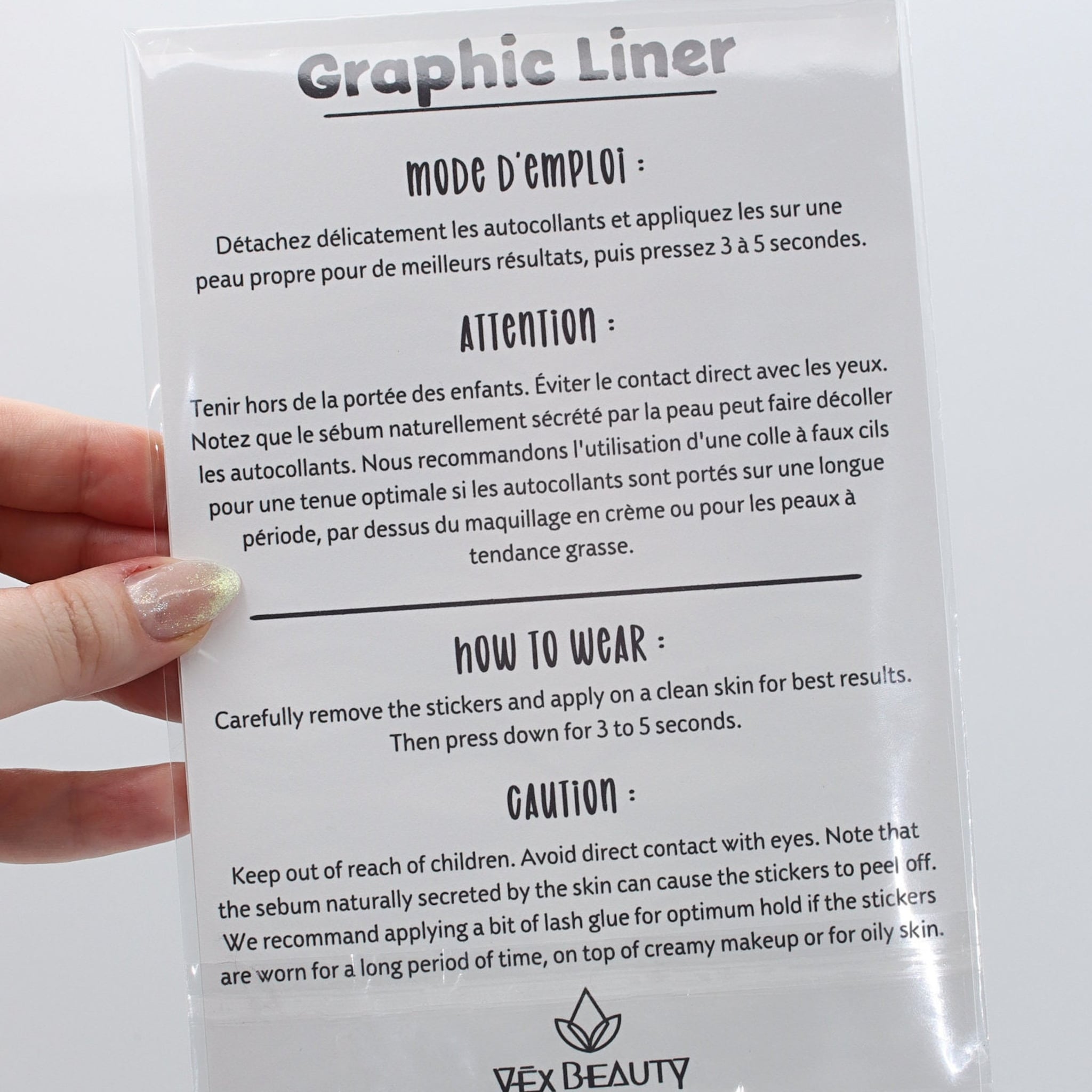 Graphic Liner instructions on white paper with black text, Vex Beauty logo visible