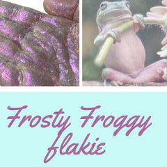 Close-up of Frosted Froggy multichrome eye shadow with shifting green-blue flakes in compact pan