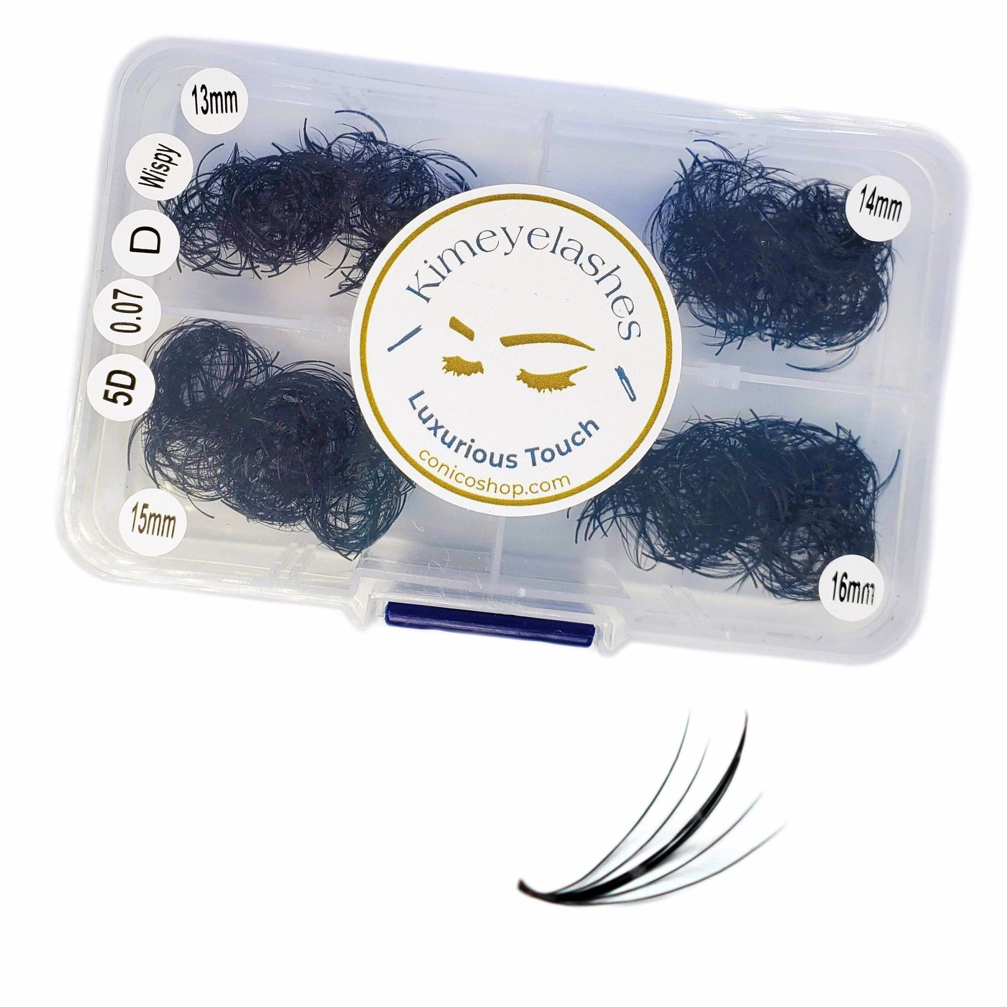 Eyelash extensions black wispy style in a clear plastic case, Kimeyelashes brand