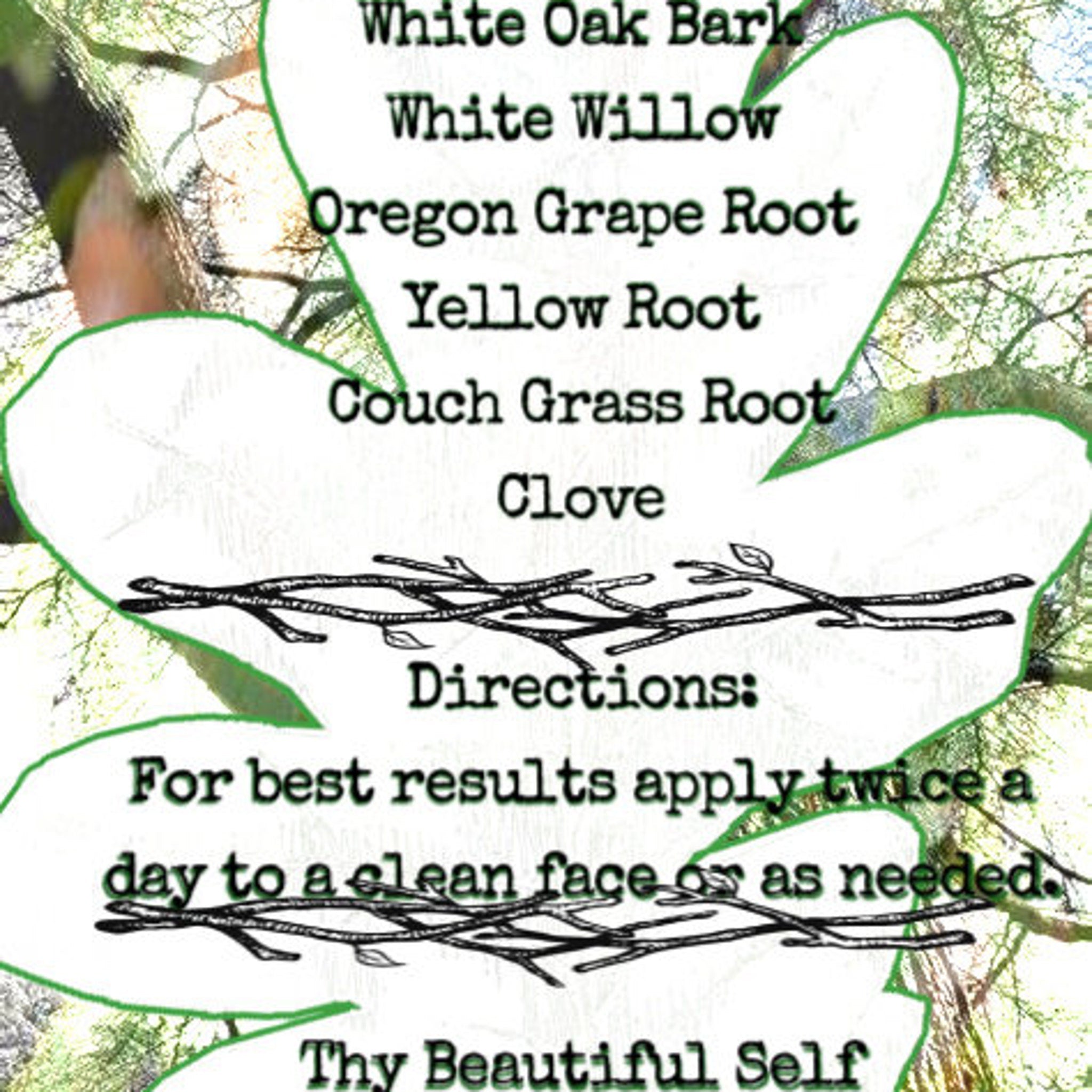 Product information graphic with white text, green border, and black branch illustration with "Thy Beautiful Self" text