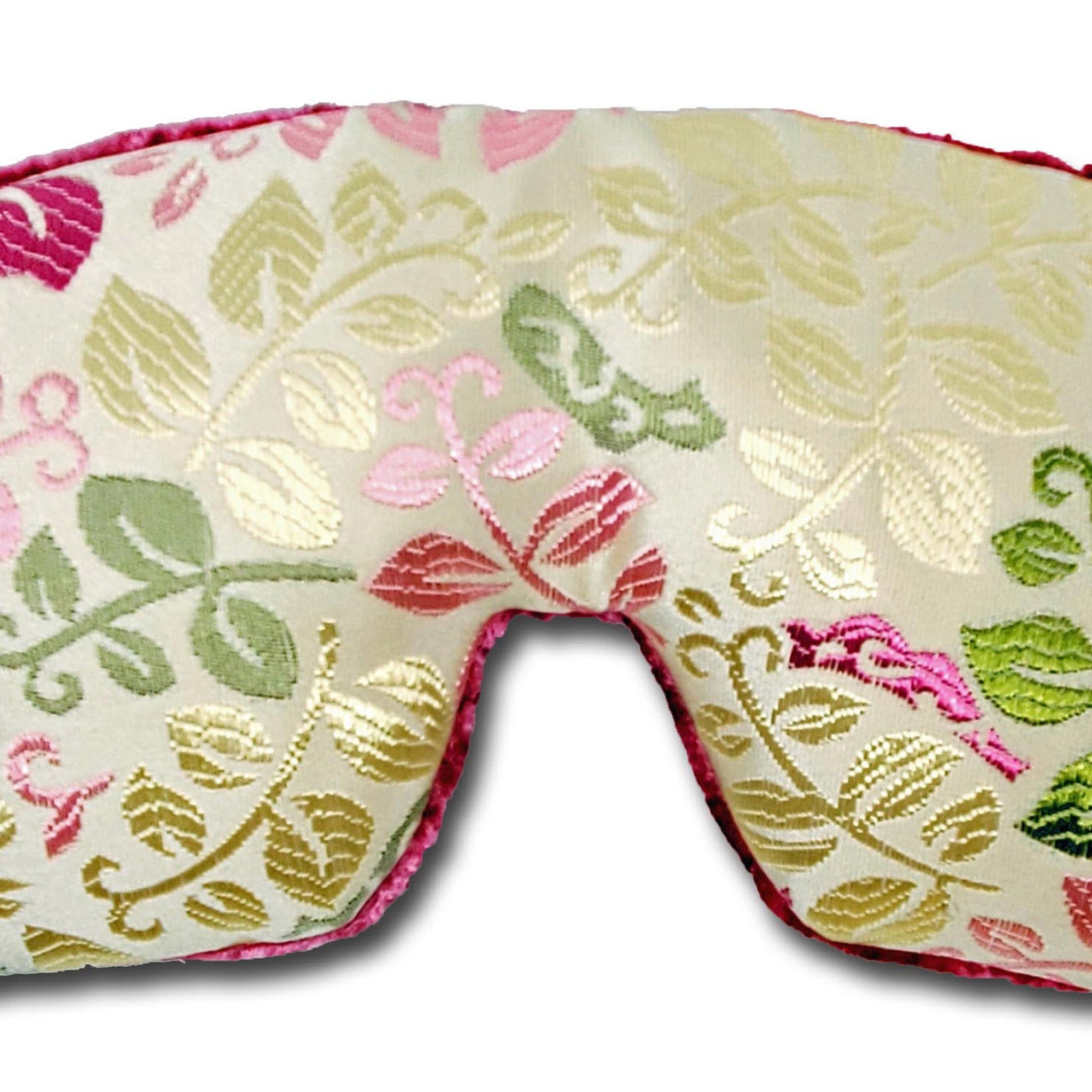 Sleep mask with floral pattern, cream fabric, pink trim, for sleeping