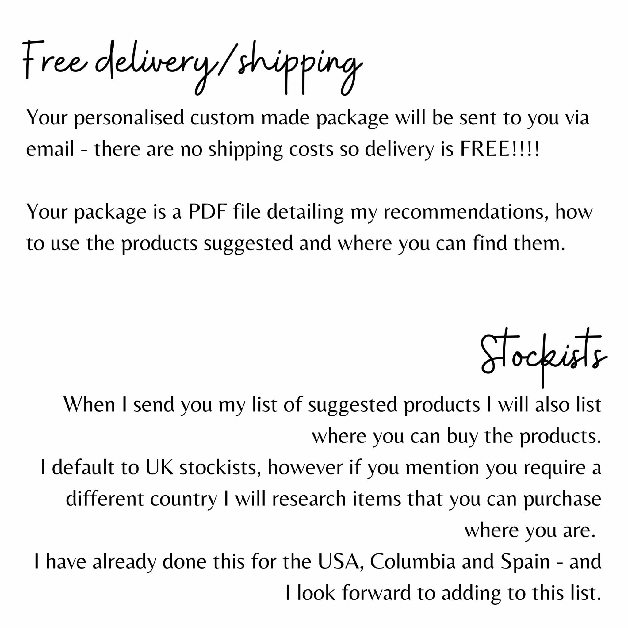 Text on white background with handwritten style headings, explaining delivery and stockists information.