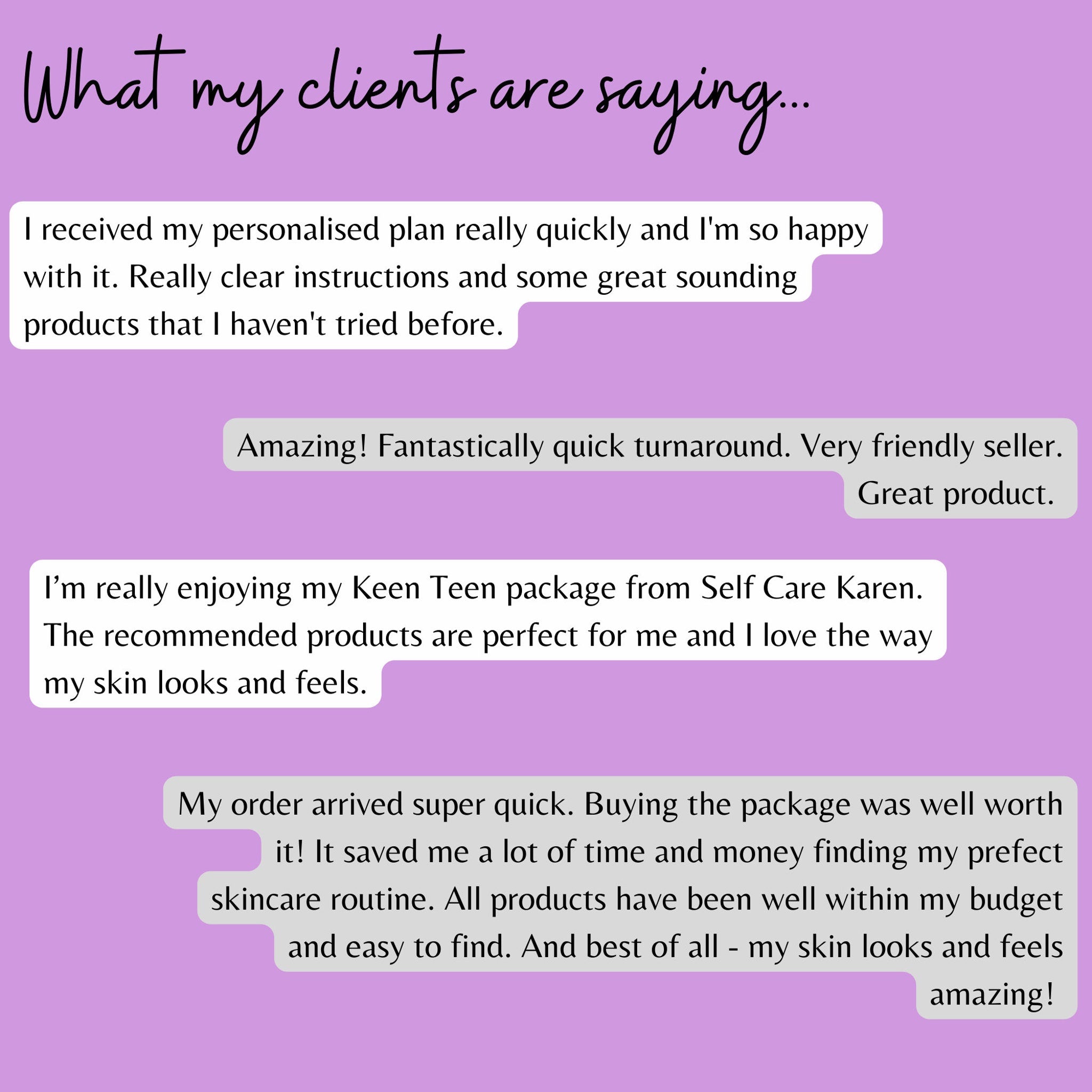 Customer testimonials on purple background with white speech bubbles and black text, Self Care Karen mentions