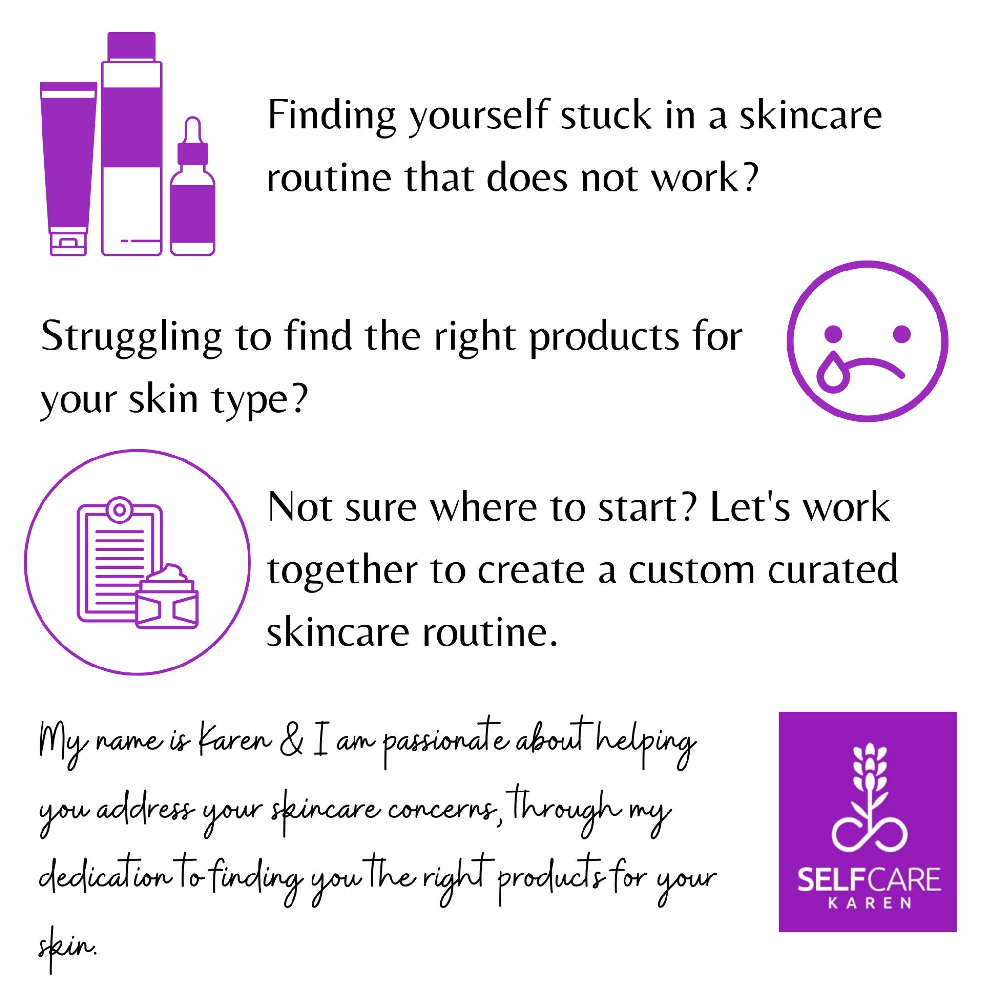 Skincare routine graphic with purple icons, text, and Selfcare Karen logo on white background