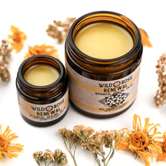 Salve in brown glass jars with yellow contents, Wild Rose Renewal branding, and dried flowers around