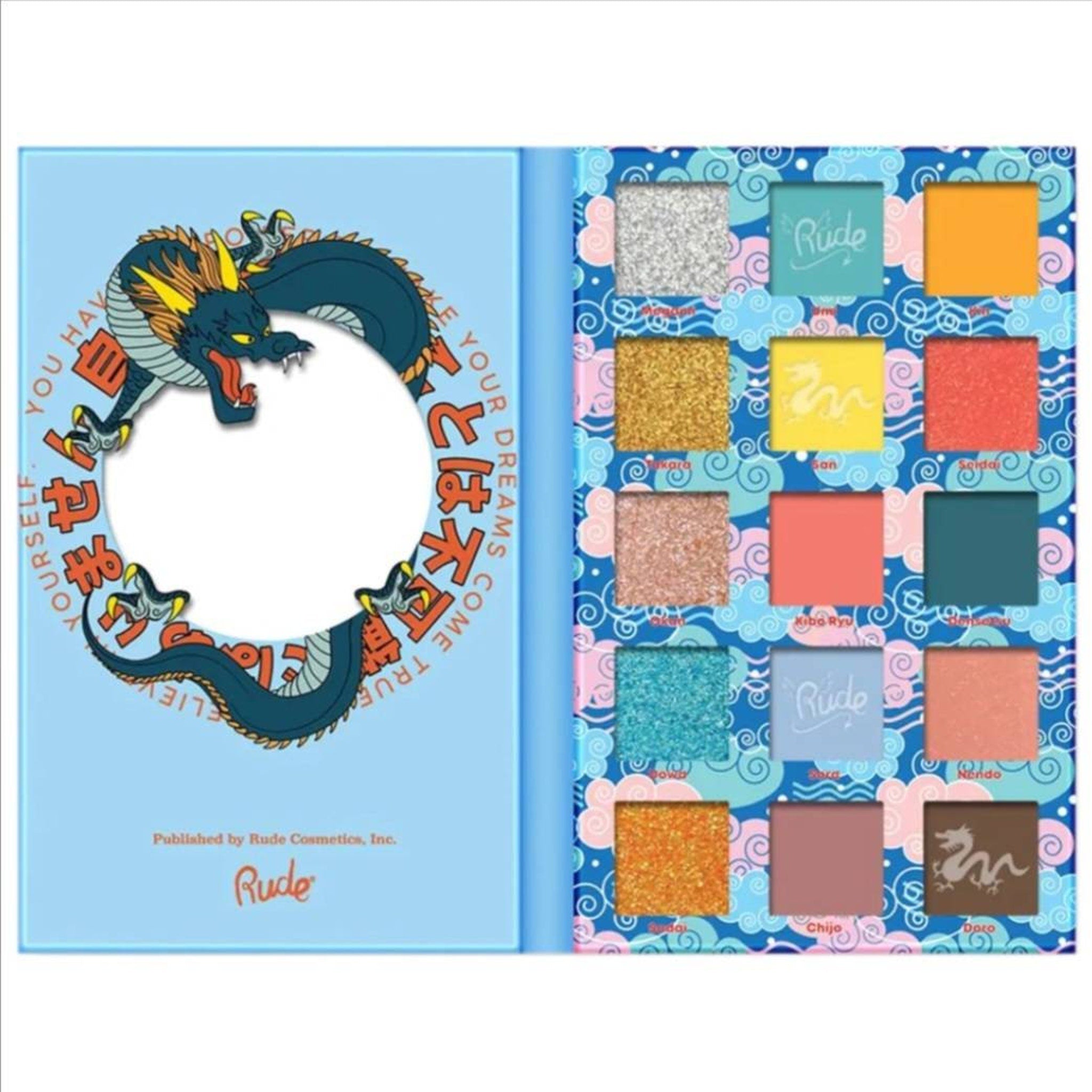 Eyeshadow palette with blue, gold, and multi-colored shades, Rude brand name visible, dragon design on cover