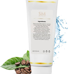 SiMi Naturals product label, white bottle, gold stripe detail, with coffee beans and water splash