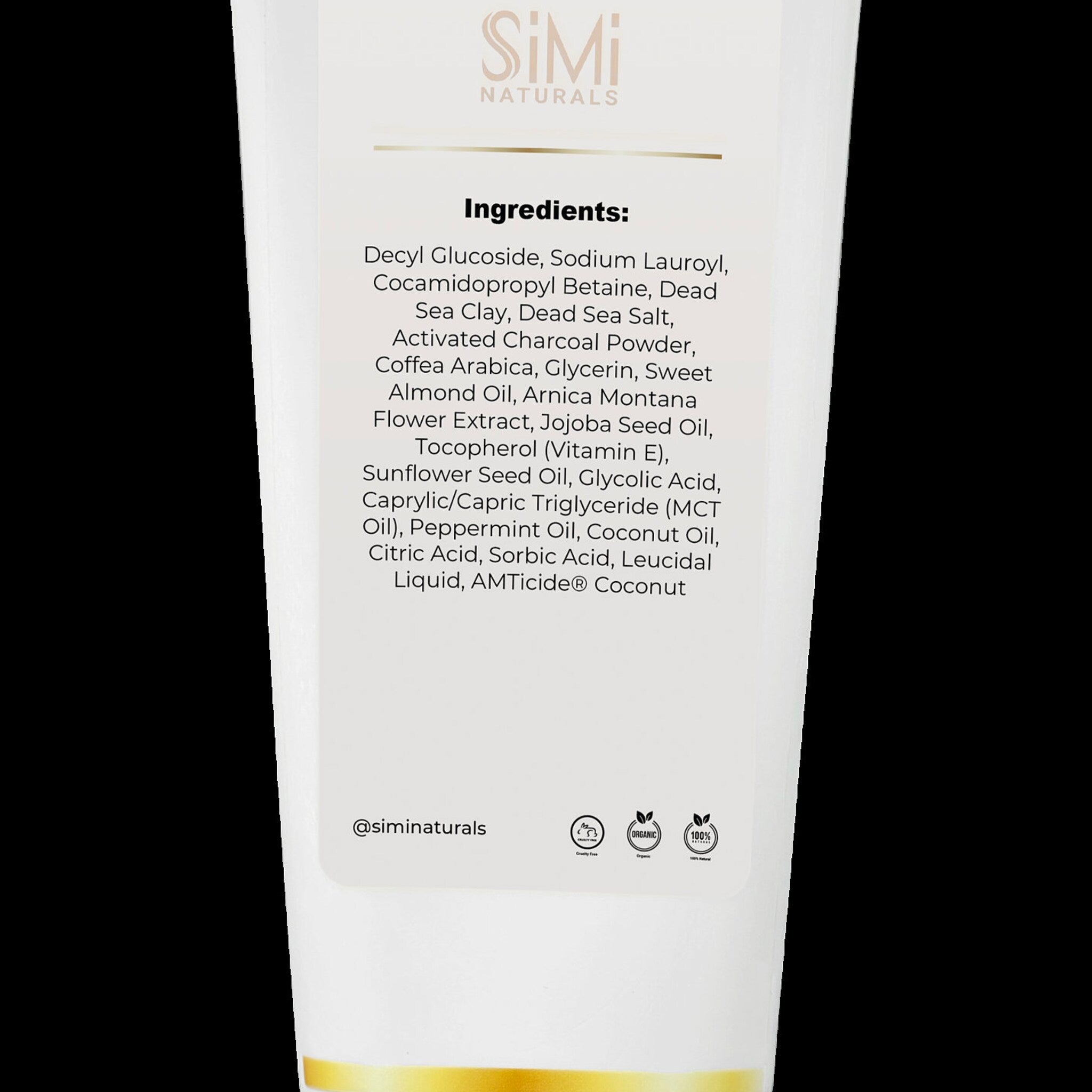 White product label with SiMi Naturals logo, ingredient list, and organic icons