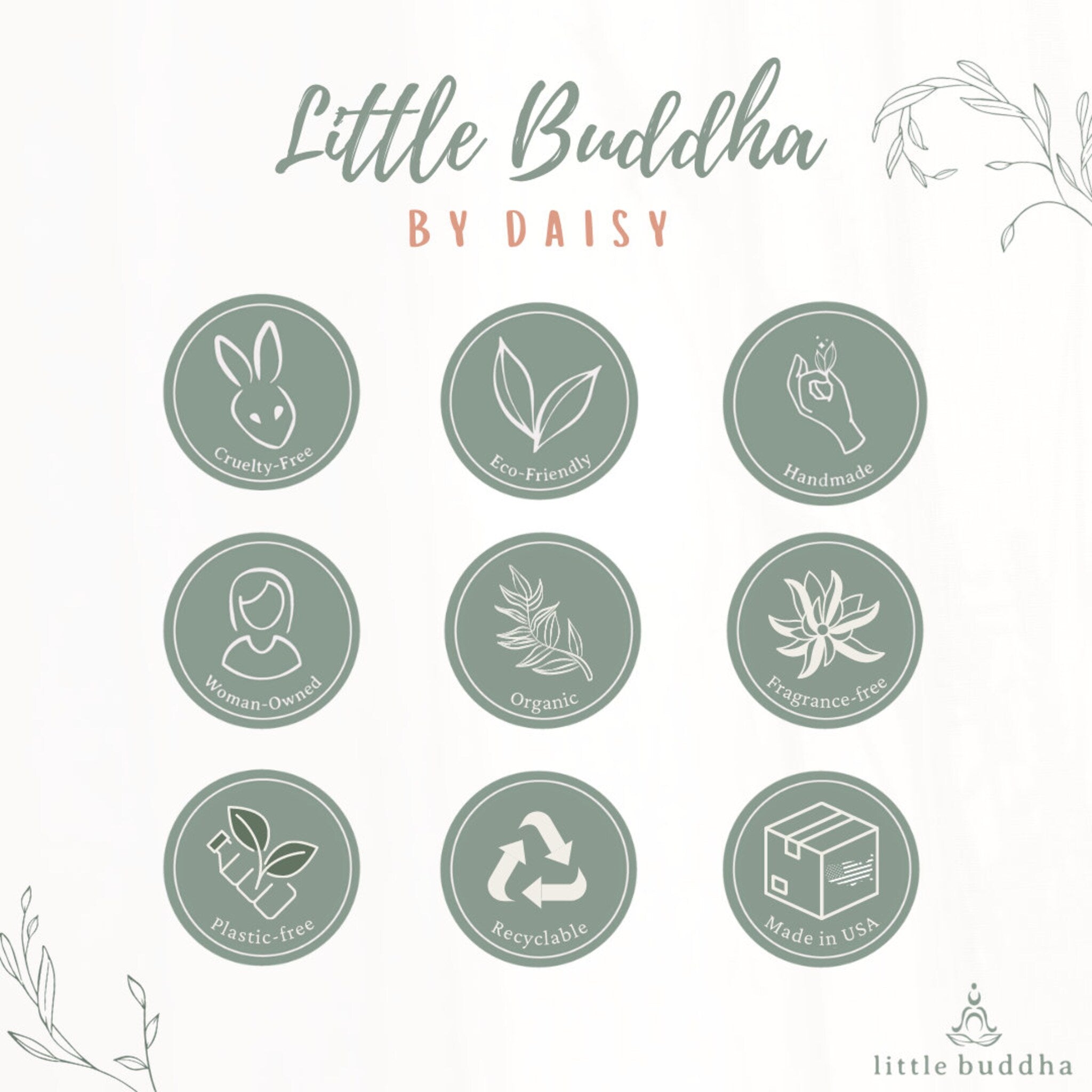 Little Buddha logo with green and white circles, featuring text and icons for product attributes