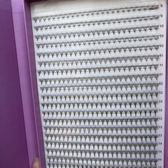 Eyelash extensions in black, fan style, arranged in rows by length, inside a purple case