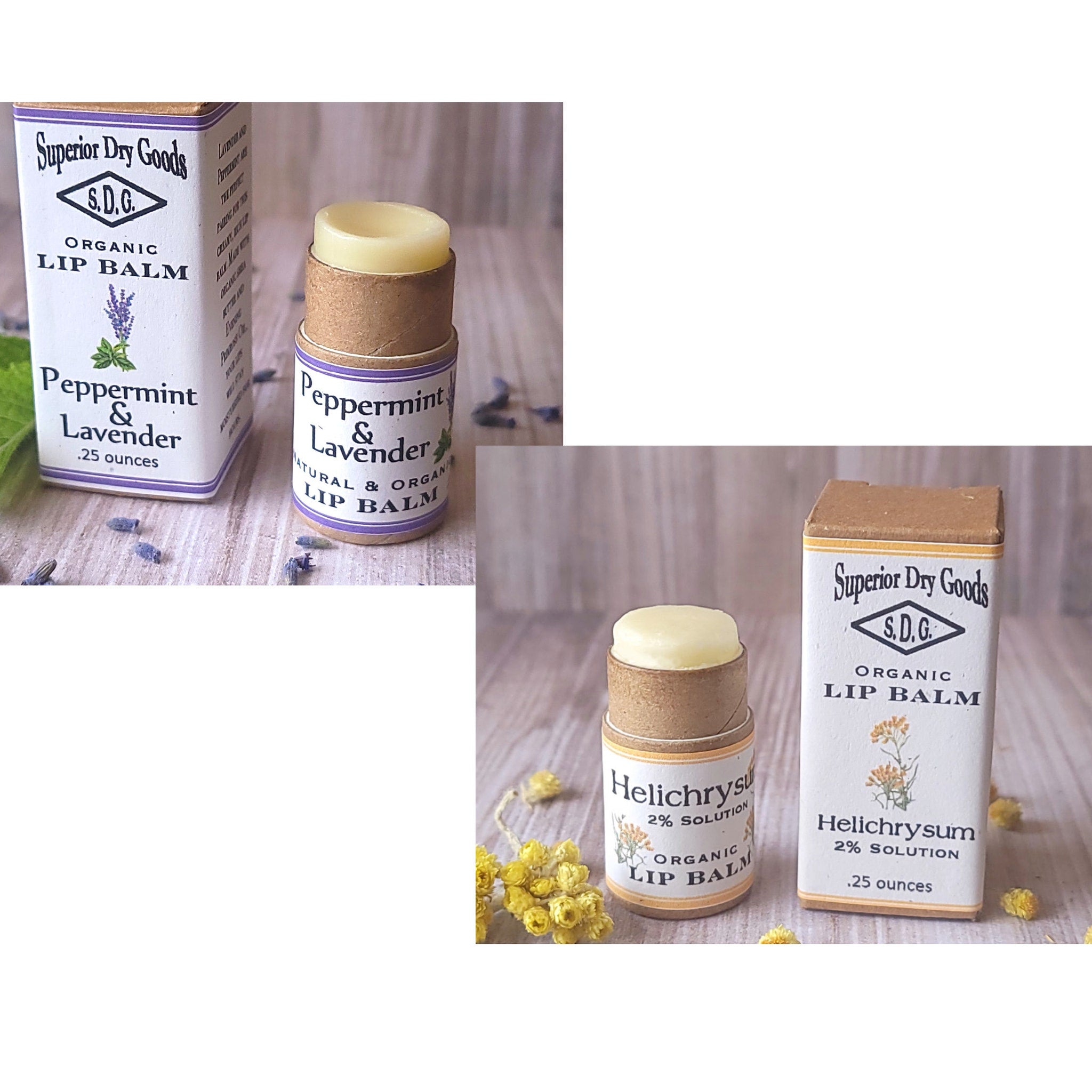 Lip balm with light yellow balm, brown cardboard tube, and white label with text