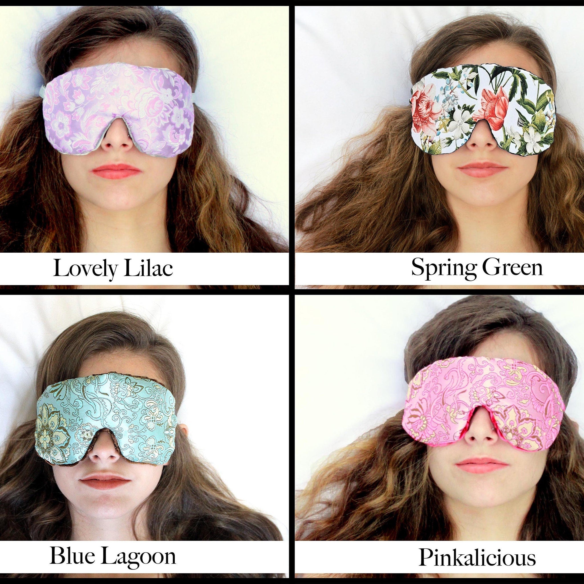Sleep mask with floral pattern, pink and white, worn by a person.