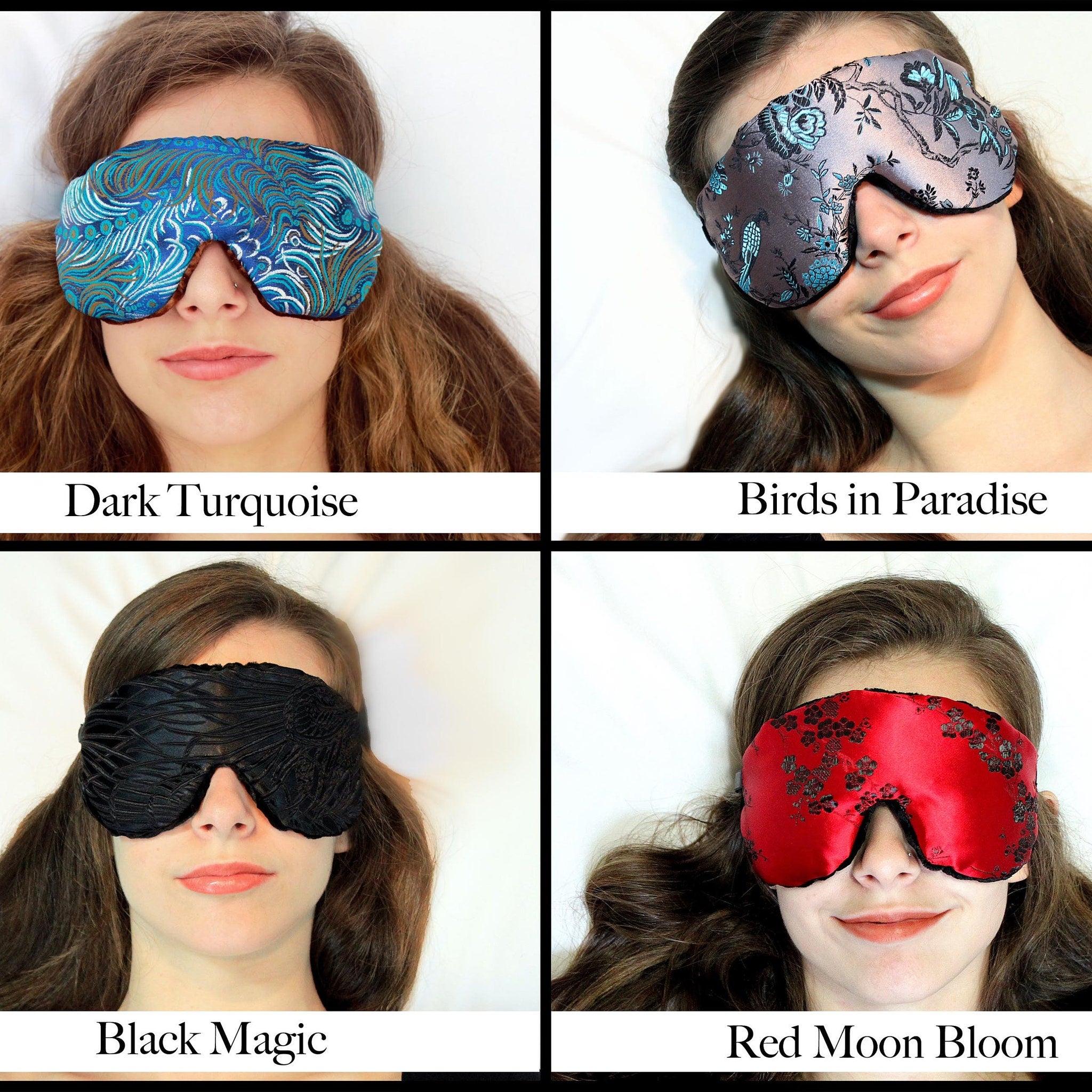 Sleep mask with turquoise pattern, blue and brown design, worn by a person