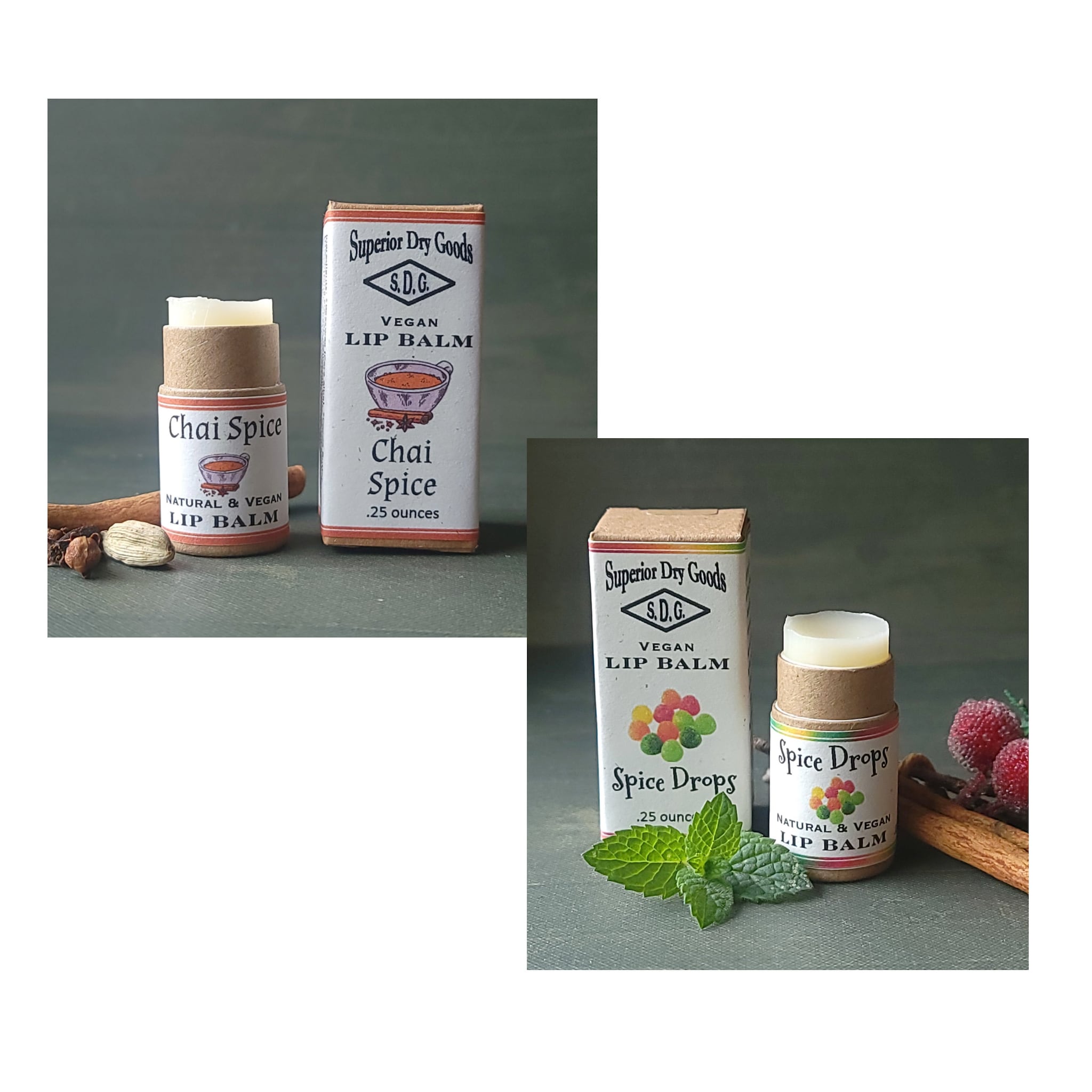 Lip balm tubes with white and brown paper, "Superior Dry Goods" and "Chai Spice" labels, displayed with spices