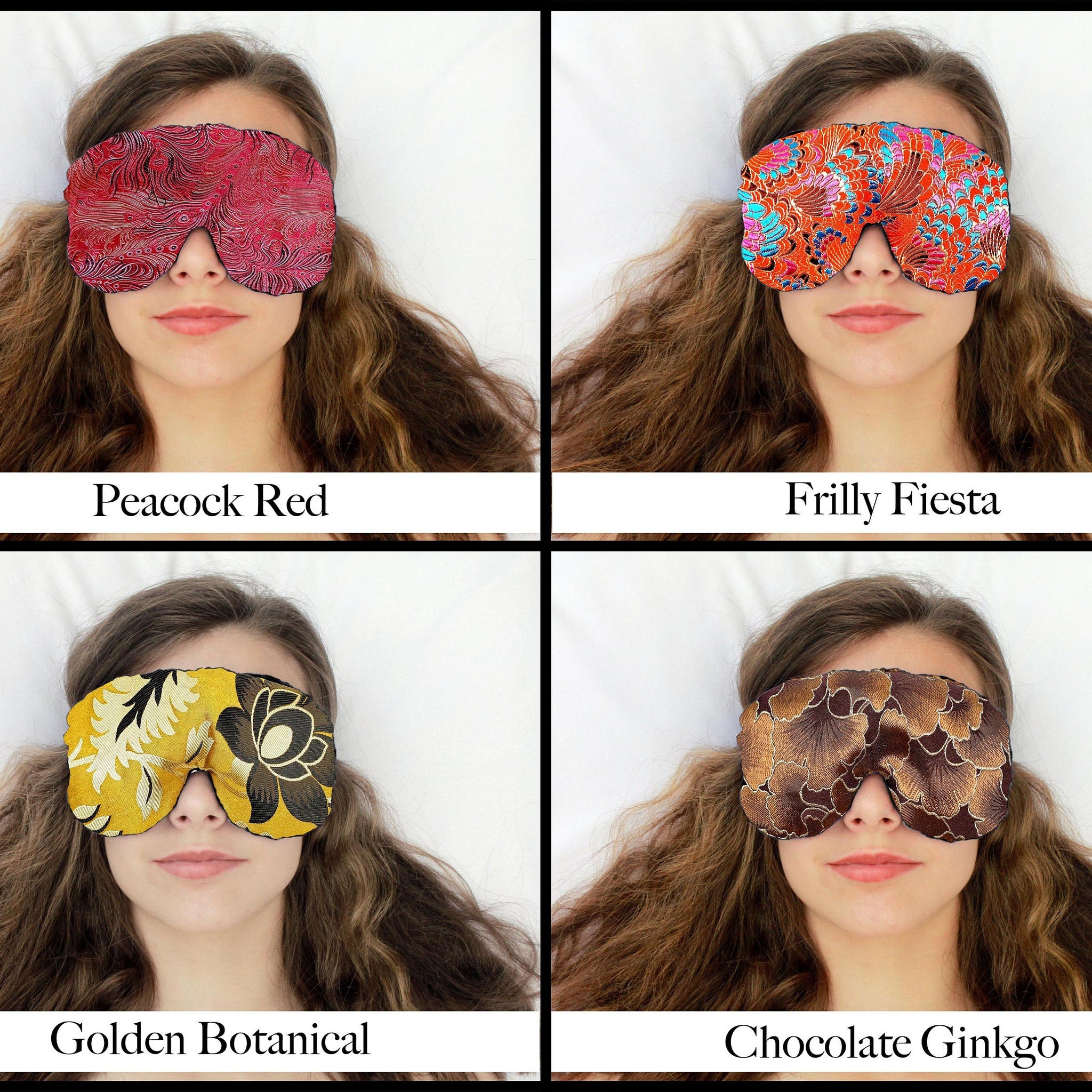 Sleep mask with red patterned fabric, worn by a person, for sleeping.