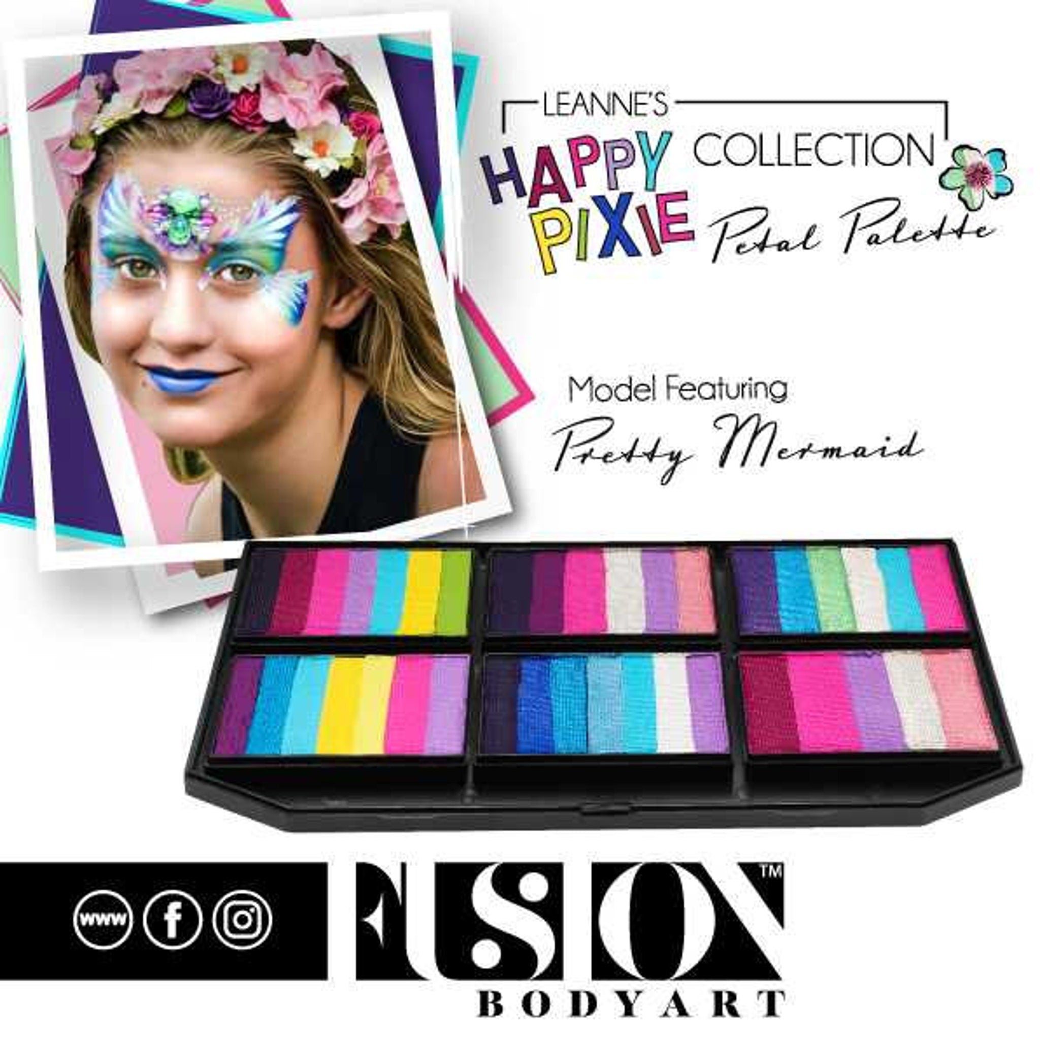Face paint palette with colorful stripes and black case, featuring Fusion Body Art brand