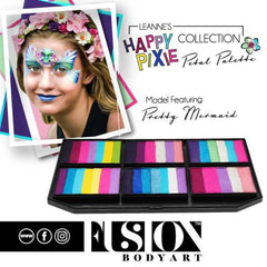Face paint palette with colorful stripes and black case, featuring Fusion Body Art brand