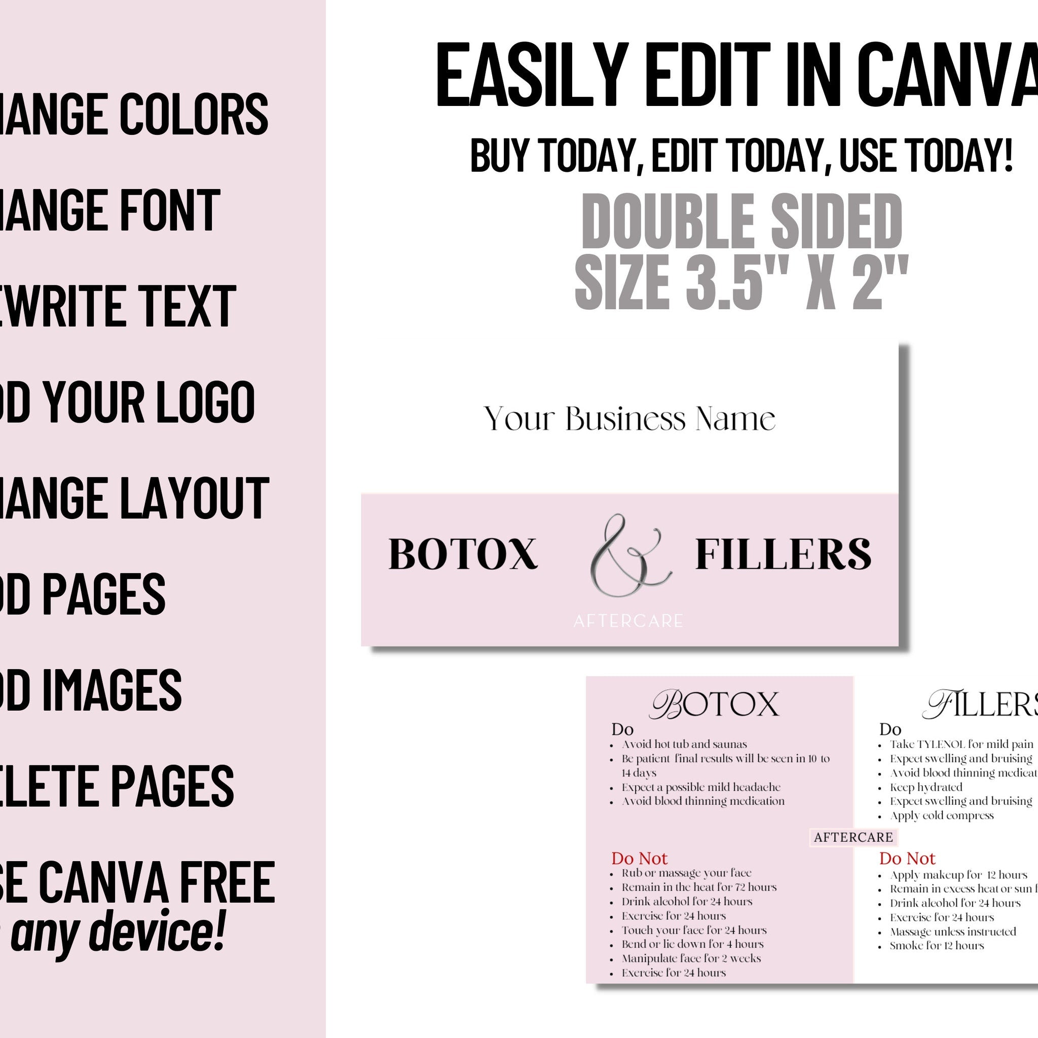 Botox and Fillers aftercare card, pink and white with black text, for business use