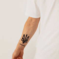 Detailed close-up of Ukrainian Trident Tattoo Set 2 Skin-Safe Temporary Tattoos Stand With Ukraine Fl