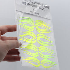 Face and body holo stickers, neon green iridescent flame design, Vex Beauty brand