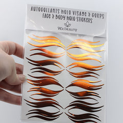 Face and body holo stickers with copper and orange wavy designs, Vex Beauty brand