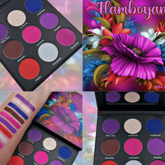 Close-up of vibrant pink and gold shimmery eyeshadows in a sleek black palette with mirror