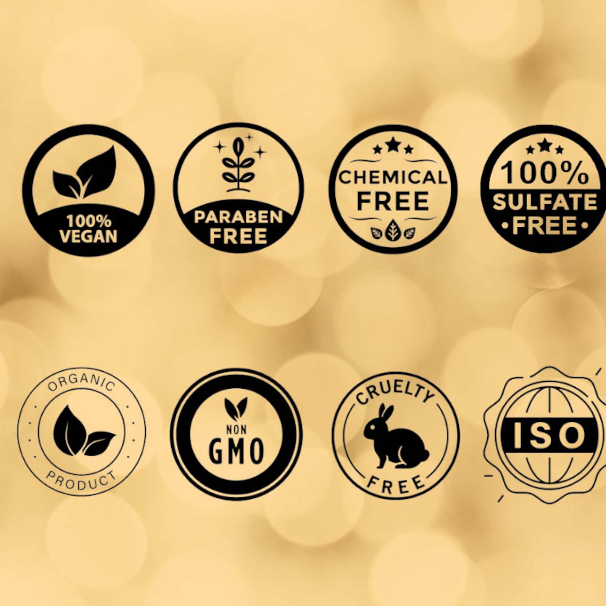 Vegan product icons in black and white, round shape with text, on a gold background.