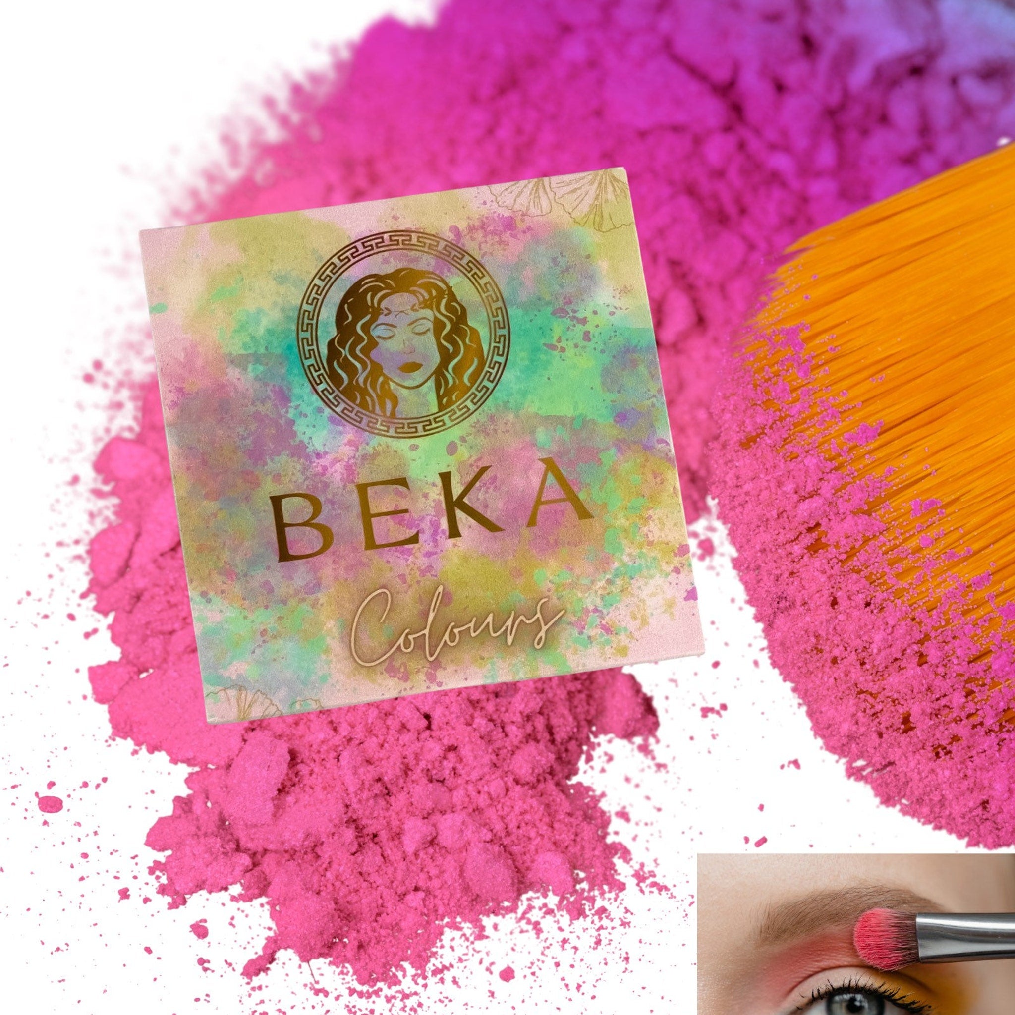 Bonus makeup brush included with 4-color eyeshadow palette in sleek black compact
