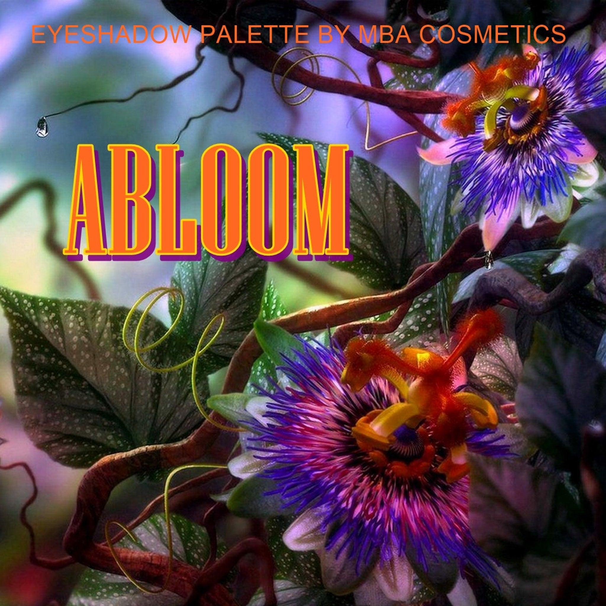 Eyeshadow palette with orange and purple text "ABLOOM" on floral background, MBA Cosmetics brand visible