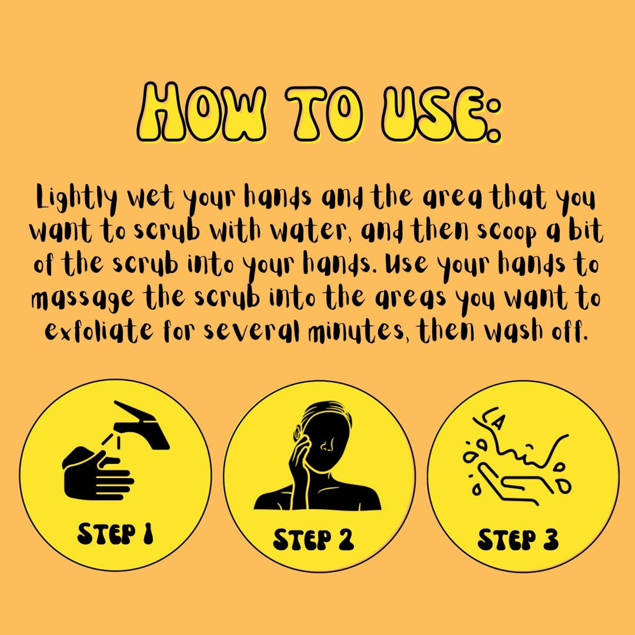 How-to guide with yellow background, black text, and three circular illustrations showing steps for use