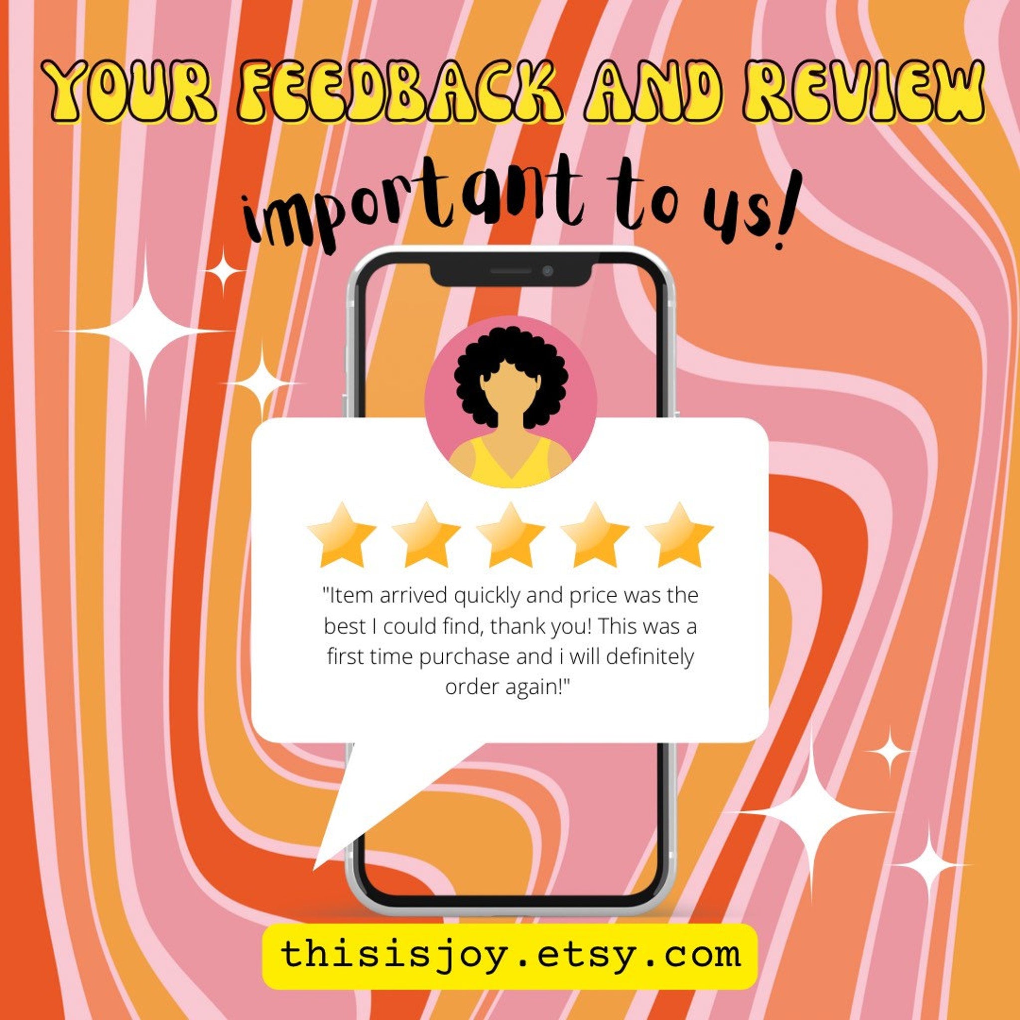 Customer review graphic with orange, pink, and white background, phone, stars, and text from thisisjoy Etsy shop