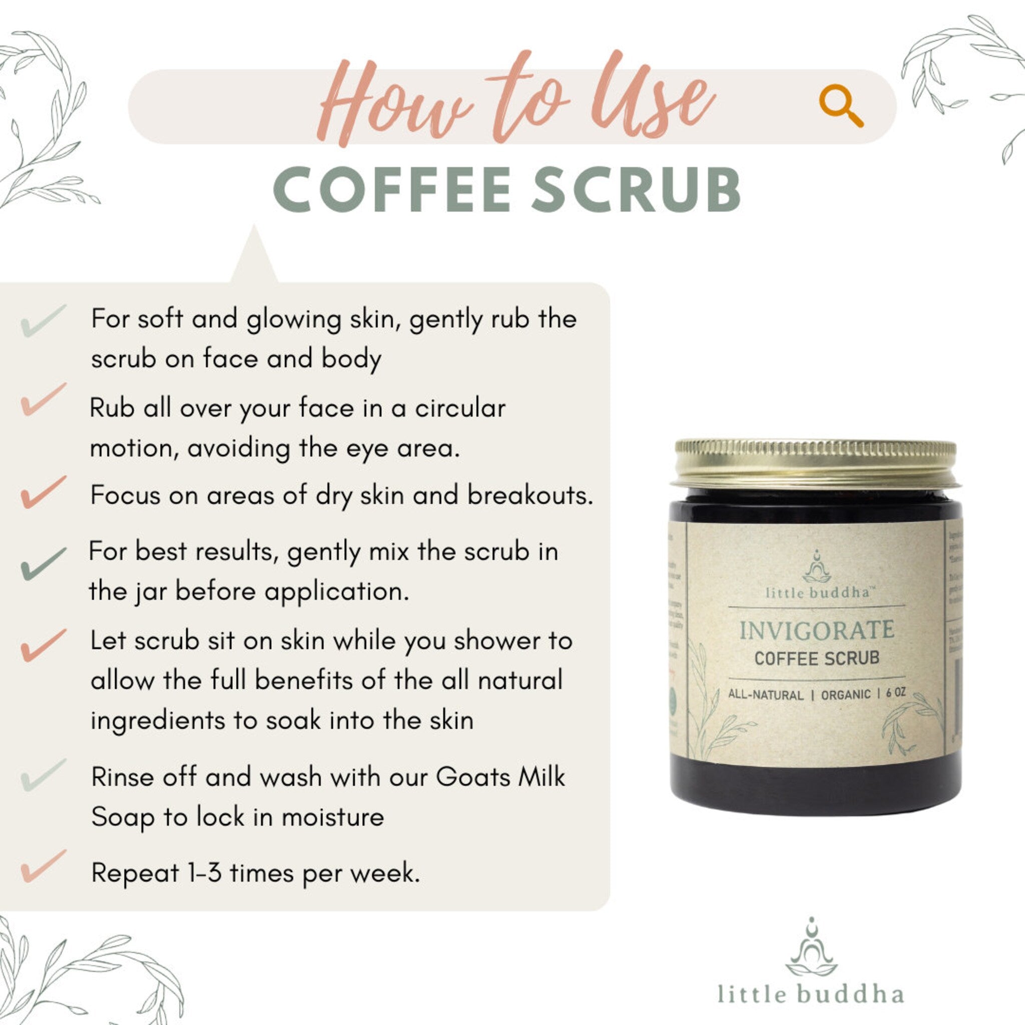 Coffee scrub jar with gold lid, black glass, and Little Buddha label, how to use guide