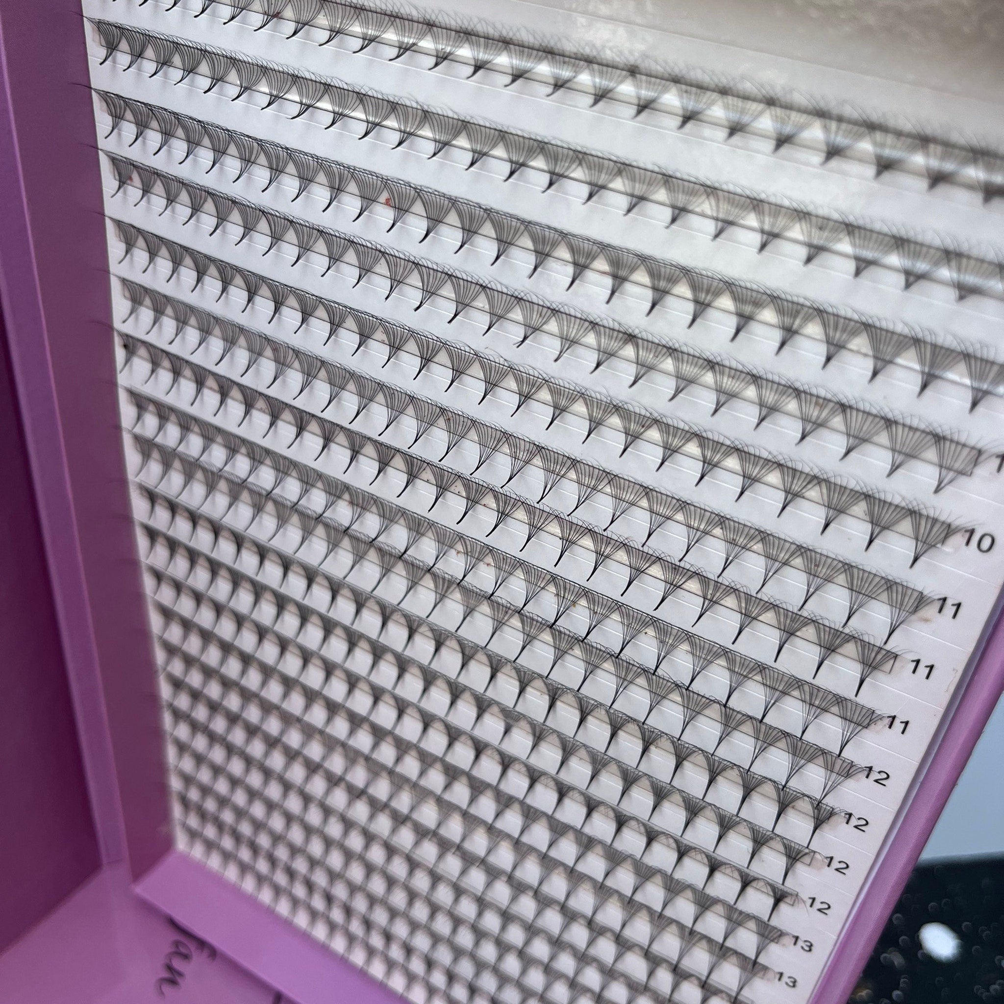 Eyelash extensions black clustered style on white grid with pink border and numbers