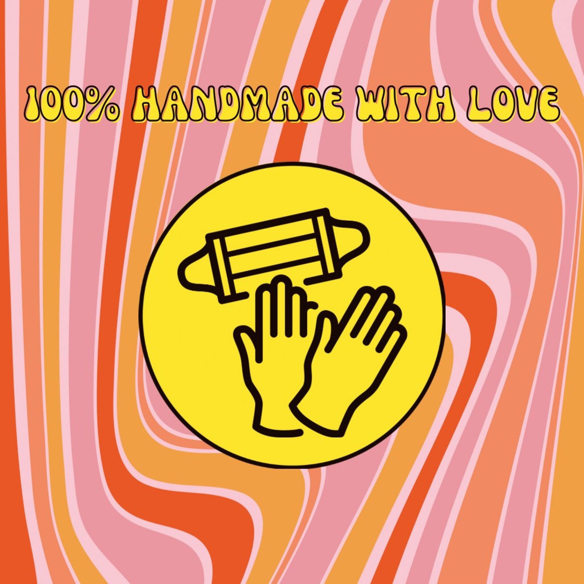 Handmade graphic with yellow circle, mask and gloves icons, and wavy retro background