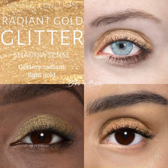 Radiant gold glitter eyeshadow pot with creamy powder texture, shown open with shimmering pigment