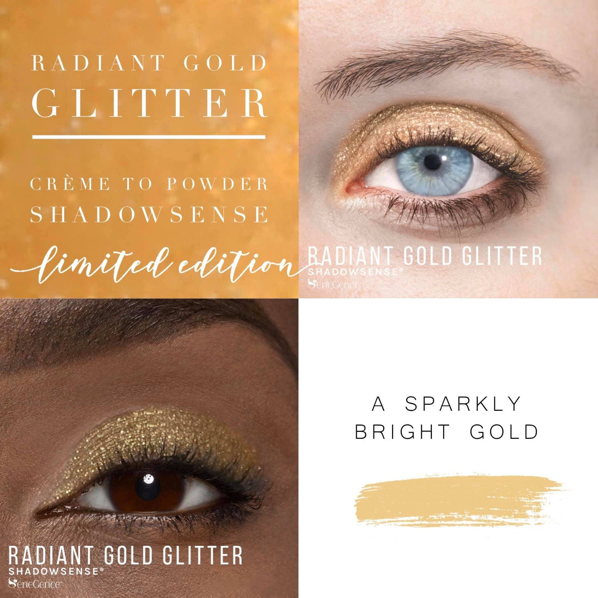 Close-up of radiant gold glitter eyeshadow pot showing creamy powder texture and shimmer particles