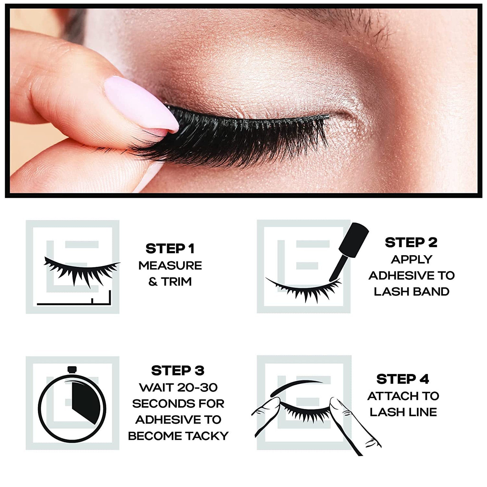 False eyelashes being applied, black lashes, pink fingernail, close-up of eye and hand, step-by-step guide