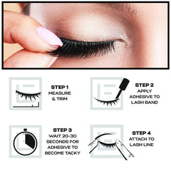 False eyelashes being applied, black lashes, pink fingernail, close-up of eye and hand, step-by-step guide