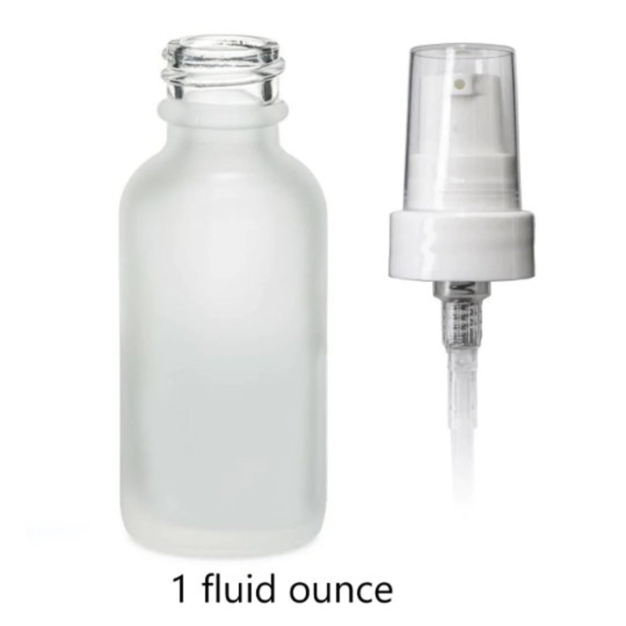 Glass spray bottle with frosted glass, clear pump, and white sprayer head.