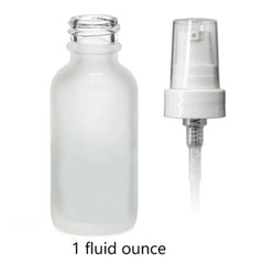Glass spray bottle with frosted glass, clear pump, and white sprayer head.