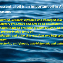 Essential oil information on blue background with white and yellow text about skin conditions and benefits