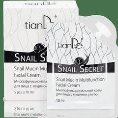 Snail Mucin Facial Cream packaging with white and black color scheme, brand name tianDe visible, and snail graphic