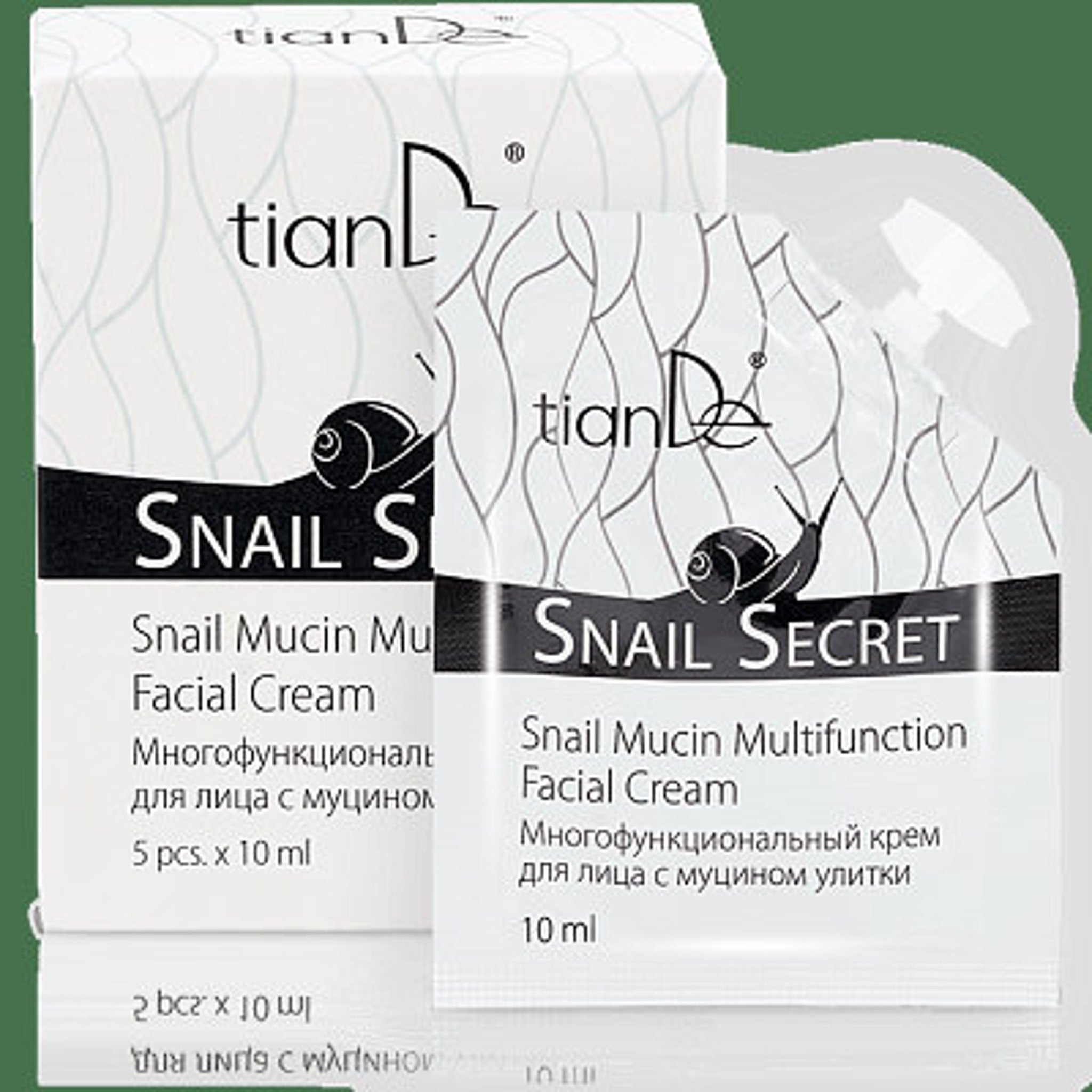 Snail Mucin Facial Cream packaging in white with black text and snail graphic, tianDe brand name visible