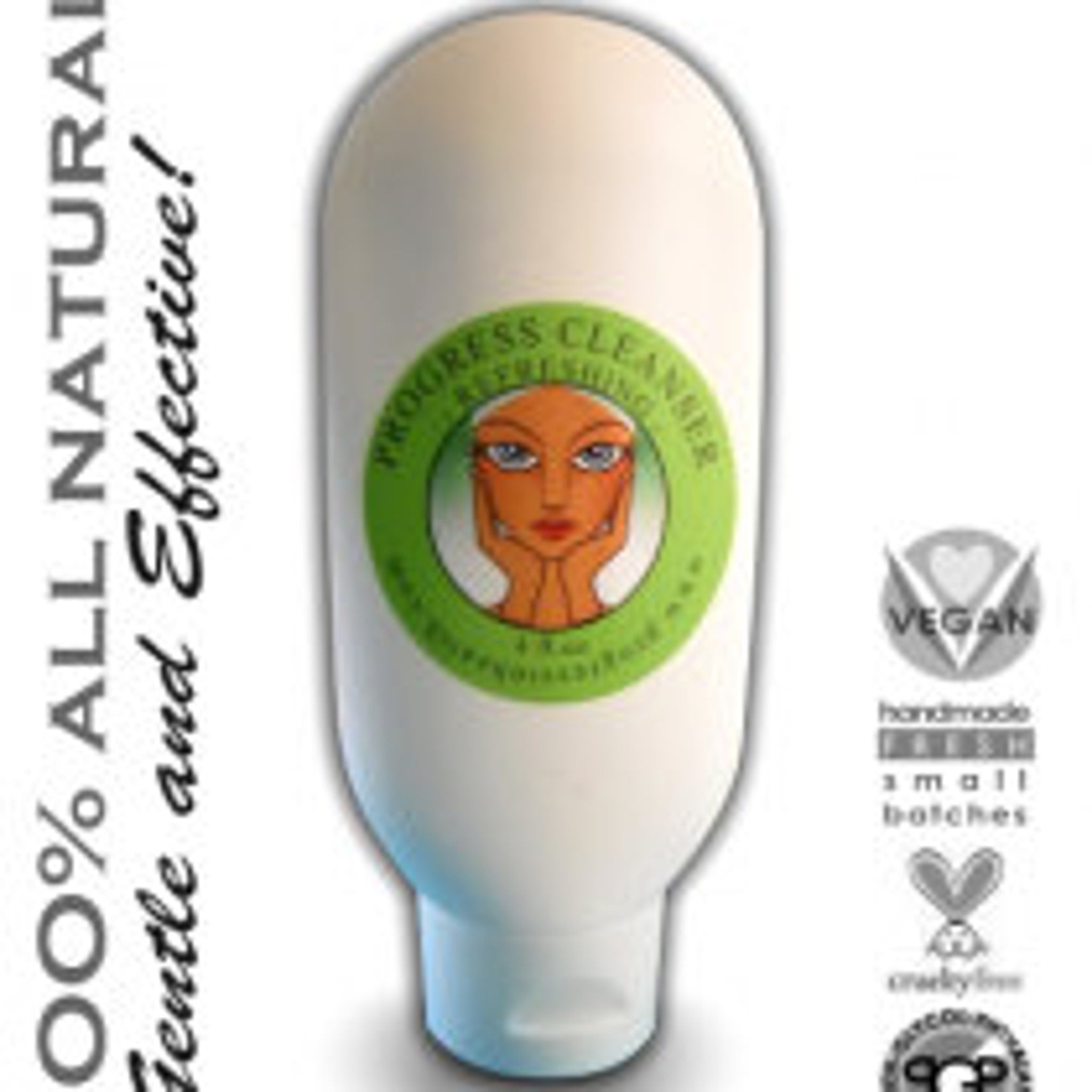 Facial cleanser bottle with white body, green label, and PROGRESS CLEANSER text